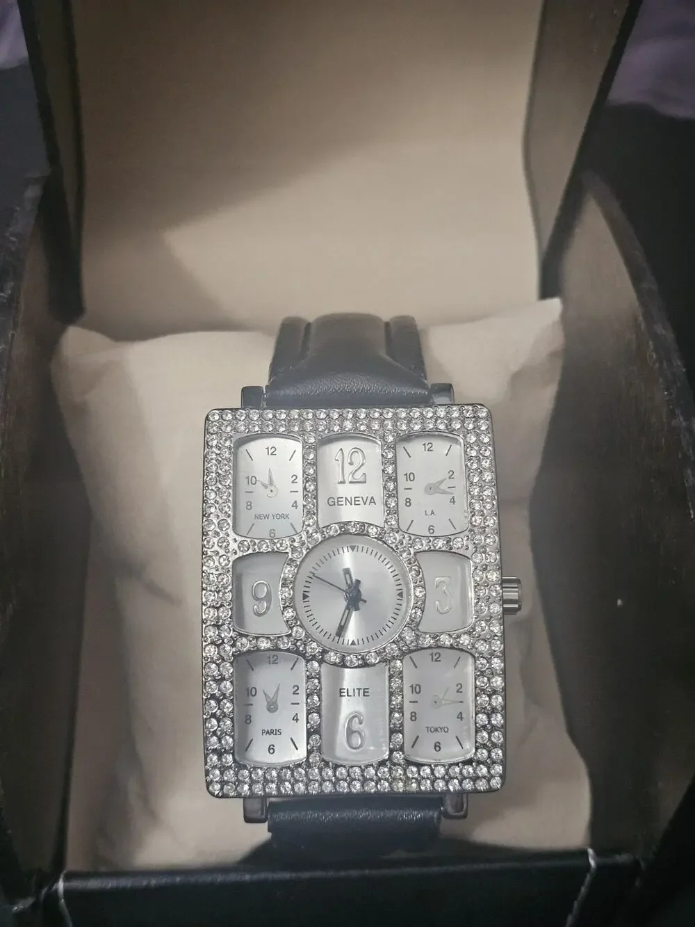 40.9mm tic tac toe rectangle Fashion Analog watch w/Black Faux Leather Band